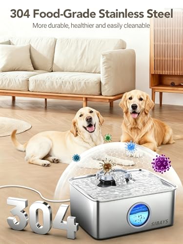 SIBAYS 4Gal/15L Dog Water Fountain, Stainless Steel Large Capacity Pet Water Fountain with Water Level LED Light, Automatic Quiet Dog Water Bowl Dispenser for Large Dogs & Multi-Pet Easy to Clean FS79
