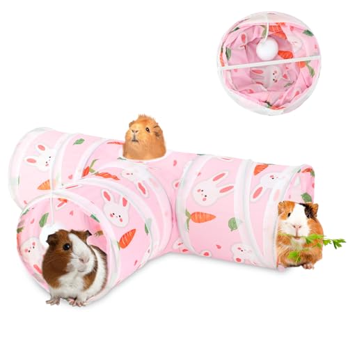 YUEPET Guinea Pig Tunnel, Guinea Pig Toys, 3-Way Play Tunnel Hideout, Pink | Guinea Pig Play Tubes, Collapsible Design, Hanging Play Ball, Peekaboo Opening, 5.9 in Entrance Diameter, Folds for Storage - color: Pink