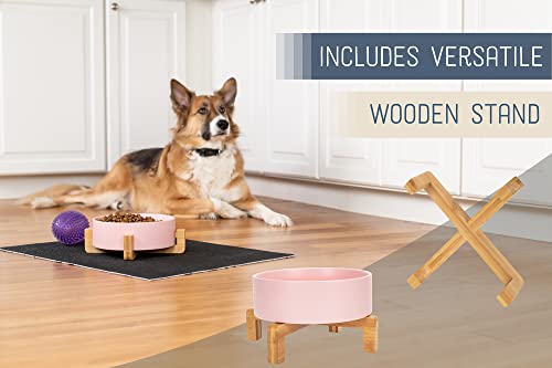 NAT & Jules Large Pink 8 inch Stoneware Ceramic and Wood Pet Bowl with Stand - color: Pink