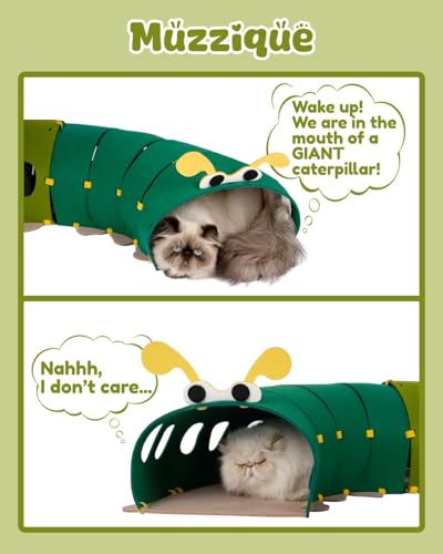 Felt Cat Tunnel, Connectable Large Cute Rabbit Tunnel Bed, with Hair Brush | Indoor Modular S Caterpillar Shape Kitten Cave, Interactive Hole Toy, Hideaway Bunny Furniture, Peekaboo Green Entertainment