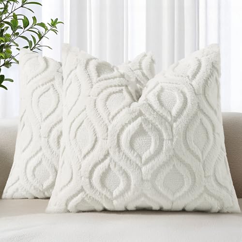 decorUhome Faux Fur Soft Cream White Throw Pillow Covers 16x16 Set of 2 | Plush Solid Fall Couch Pillow Covers, Accent Modern Farmhouse Neutral Decorative Square Pillow Cases for Sofa Bed Living Room - color: Cream White, size: 16" x 16" (Pack of 2)