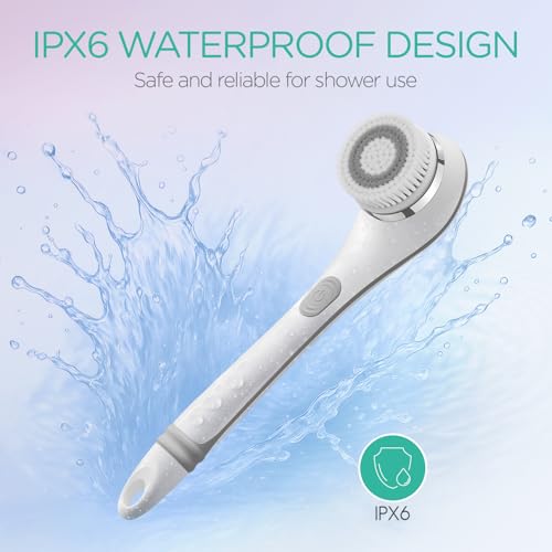VOYOR Electric Body Brush Back Scrubber for Shower Rechargeable BC100, Grey | Exfoliating Bath Brush Powered Shower Brush with Non-Slip Long Handle Deep Cleansing, Exfoliation, Massaging Spin Brush - color: Grey