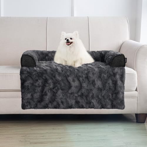 Calming Medium Dog Bed for Couch, 35 x 31 inch Removable Couch Cover for Dogs Washable, Non-Slip Fluffy Plush Dog Sofa Mat for Furniture Protector - Dark Grey - color: Dark Grey, size: 35"L x 31"W x 4.5"Th