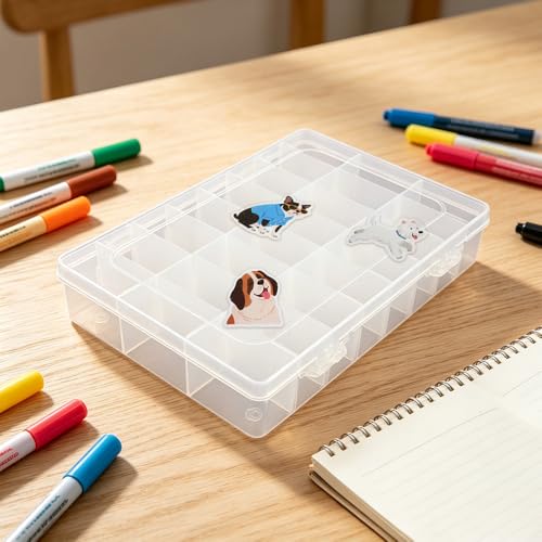 OALCQ Plastic Organizer Box with Dividers, 100 PCS Cute Dog Stickers, 24 Grid Small Parts Storage Container for Beads & Craft, Clear Tackle Case for Screws Jewelry Accessories - style: dog
