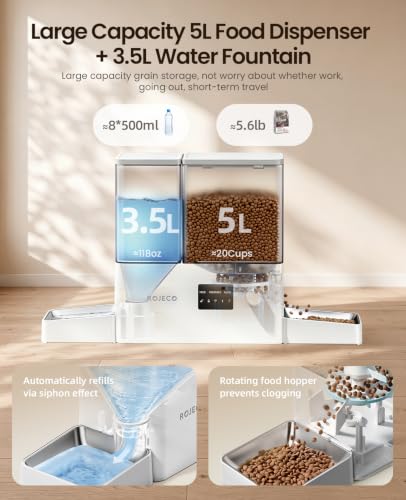 2-in-1 Automatic Cat Feeder & Water Dispenser,WiFi Control Feeding | 2.4G WiFi APP/Timed Feeding/5L Food Feeder,3.5L Water Fountain/Stainless Steel Bowls/Detachable Clean/White - color: White, size: 8.5L-WiFi