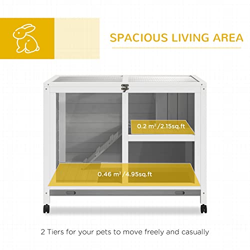 PawHut Rabbit Hutch with Wheels, Desk and Side Table Sized, Wooden Rabbit Cage, Waterproof Small Bunny Cage with Removable Tray, Openable Roof, for Indoor & Outdoor, Gray | Wooden Rabbit Cage, Waterproof Small Bunny Cage, Removable Tray, Openable Roof, fo