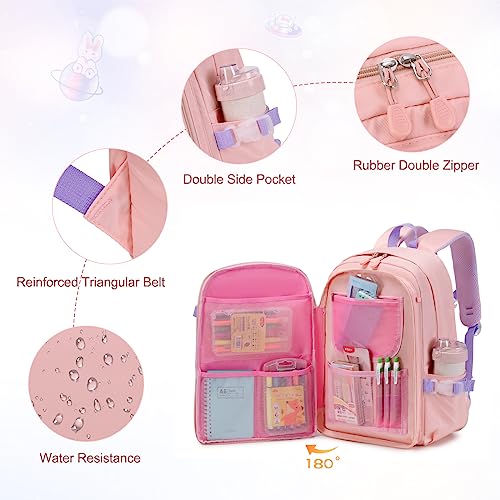 FIXITOK Girls Backpack with 14oz Insulated Water Bottle Set, Kawaii Bunny School Backpack for Girls with Kids Water Bottle Lunch Bag Pencil Case for Kindergarten Elementary Preschool School - color: W-pink