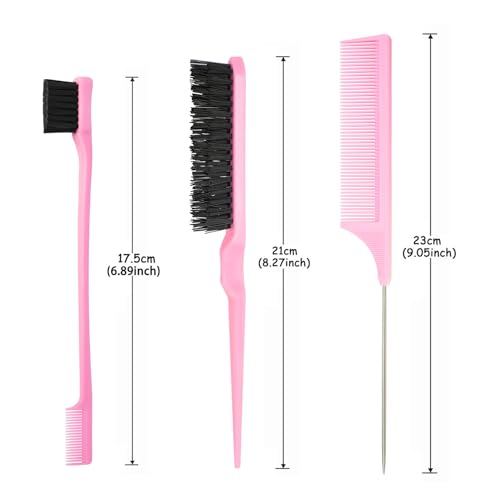 3 Pcs Slick Styling Hair Brush Set, Rat Tail Comb,Edge Bristle Brush, Teasing Brushes for Edge Back Brushing, Combing, Slicking Hair for Girls, Kids(Pink）