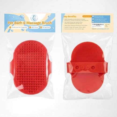 Pets&Goods Rubber Pet Grooming Brush for Dogs & Cats – Bath & Deshedding Brush with Custom-Fit Hand Straps – Soft Silicone Bristles for Short & Medium Hair – Anti-Slip, Easy to Clean - color: Red