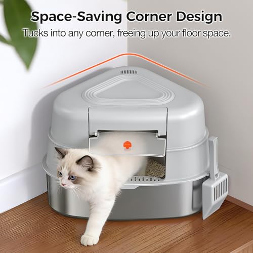 Chumajor XXL Stainless Steel Corner Cat Litter Box with Lid,Grey | Sturdy, No Odor & Space-Saving Hidden Design for Large Cats,Grey