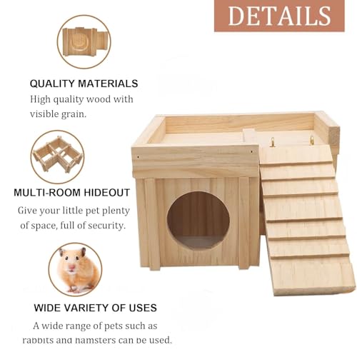 Wooden Hamster Hiding Place with Hamster Bowl Ladder and Detachable Platform, Suitable for Small Pets, Perfect for Hamsters, Rats, sandmice, mice and Other Small Animals
