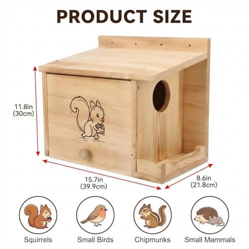 Extra Large Squirrel Houses for Outside 15.7" Outdoor Nest Box with Feeder | Carbonized pine wood, anti-predator design, Mounts on tree or fence. 2-in-1 shelter and feeder for backyard wildlife