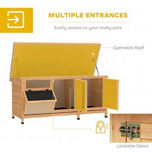 PawHut Wooden Rabbit Hutch Bunny Hutch Cage Guinea Pig with Waterproof Roof, No Leak Tray and Feeding Trough, Indoor/Outdoor, Natural | Bunny Hutch Cage, Guinea Pig, Feeding Trough, for Rabbits, Chickens and Ducks, Indoor/Outdoor - color: Yellow
