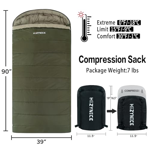 HiZYNICE Sleeping Bags for Adults XXL Cold Weather | 100% Cotton Flannel Winter Camping Large 90 x 39 in,Compression Sack Included - color: Green, size: 0F Right Zip