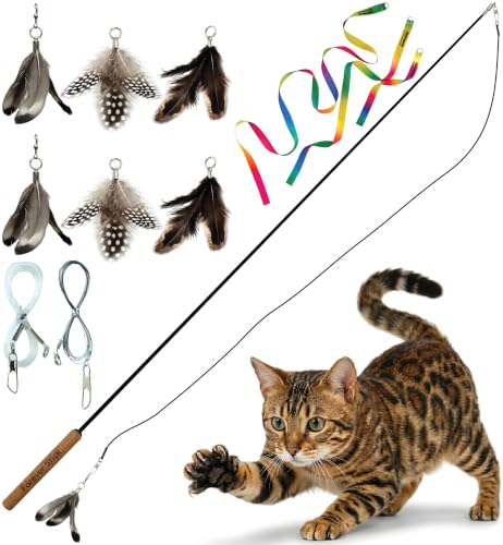 Forever Stick with Cat Toys and Strings Bundle - The Unbreakable Cat Wand Toy, Durable Cat Toy Wand, Extra Long Cat String Toy, Cat Fishing Pole Toy for Bored Indoor Adult Cats, Cat Stick Toy - size: Forever Stick and Extra Toys and Strings