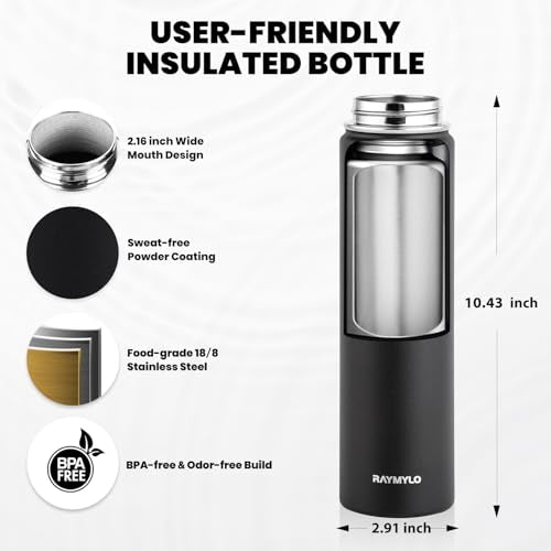 RAYMYLO Insulated Water Bottle 24 oz, Triple Wall Vacuum Stainless Steel | (Cold for 24Hrs, Hot for 12Hrs), Leak Proof & Non-BPA, Modern Water Flask Jug with Paracord Handle & Straw Spout Lids - color: Magic Black, size: 24 Ounces