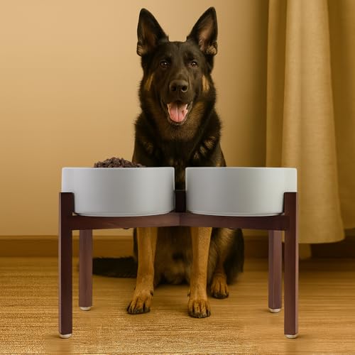 SPUNKYJUNKY Raised Ceramic Dog Bowls Set with Non-Slip Acacia Wood Stand for Large Sized Dog(60.87 OZ, Gray) - color: Gray, size: 60.87 Oz