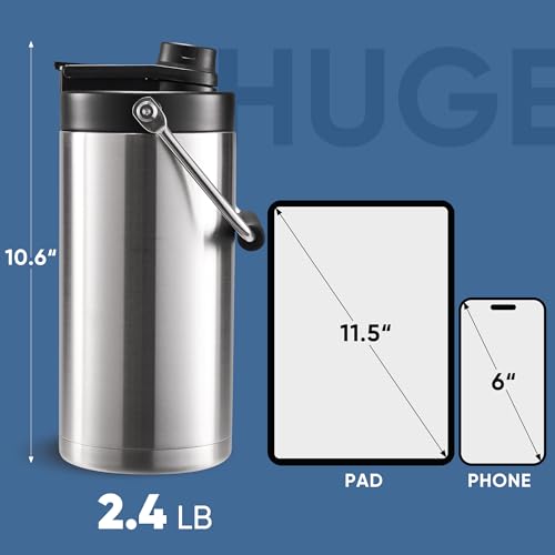 Fijinhom Half Gallon Insulated Water Bottle for Travel: 2-in-1 Straw and Spout Lid, Keep Cold 24Hrs, Leakproof, 64oz Water Jug With Handle, Vacuum Stainless Steel for Sports, Hiking, Trip(Stainless) - color: Stainless, size: 64 Ounces