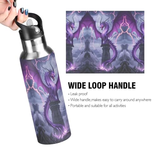 Purple Dragon Lightning Water Bottle Kids Insulated Sports Vacuum Stainless Steel Mug with Straw Lid & Handle 20 oz - color: AB05