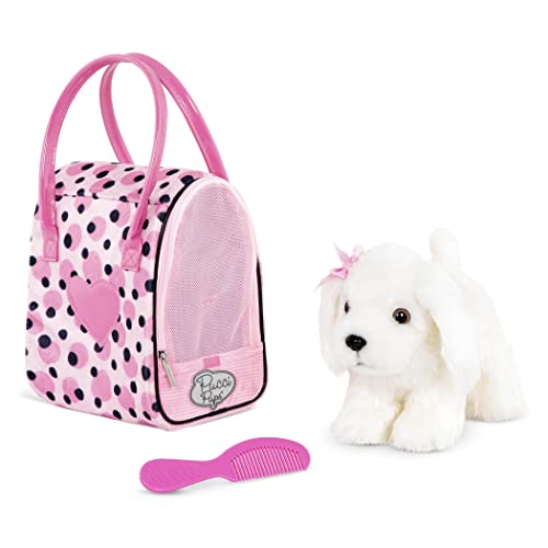 Pucci Pals Plush Puppy Dog Carrier Set, Maltese Pink Polka Dot, Pet | 3 piece set with 8 inch stuffed dog, comb, and pink polka dot pet carrier purse with mesh front for pretend play, 2+ Years - style: Maltese - Pink Polka Dot Bag