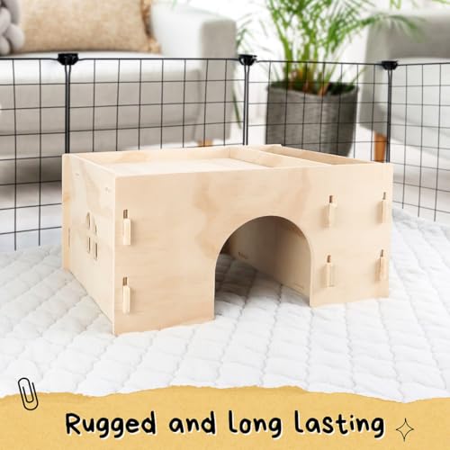 Guinea Pig Hideout with Hay Feeder & Absorbent Mat, Wooden | Chinchilla House with Multiple Window, Small Animal Hut Castle for Dwarf Rabbit