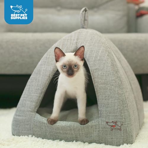 Best Pet Supplies Cat Bed for Indoor Cat, Domed Tent House with Removable Pillow, Covered Cat Cave for Small Dog, Puppies and All Breeds of Cats - Gray Linen, 16 x 16 x H:14" - color: Gray Linen, size: 16" x 16" x H:14"