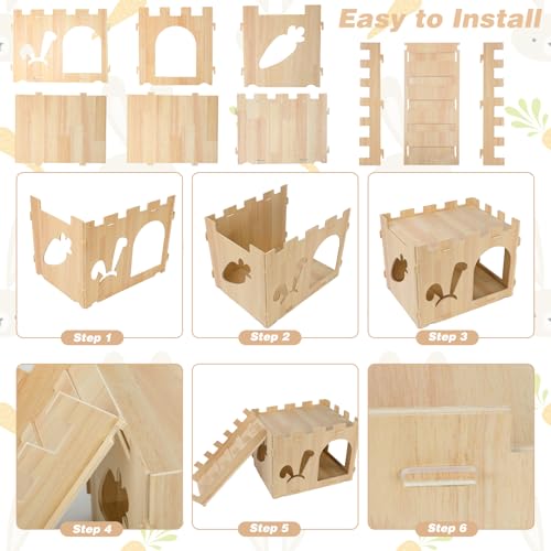 YUEPET Wooden Rabbit Castle with Ramp, Bunny Castle & Rabbit House Hideout | Large Bunny House with Ramp, Poplar Plywood Panels, Tool-Free Assembly, 16 Rubber Rings, Indoor Rabbit Hideaway - size: Rabbit Castle+Ramp