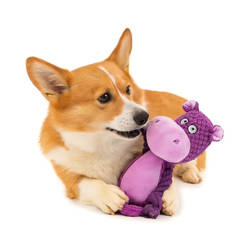 Plush Hippo Dog Toy with Squeaker and Crinkle Paper for Puppies | Soft plush texture with crinkle details, perfect for tossing, carrying, indoor play and interactive bonding with your pet. - color: Purple
