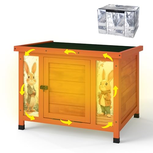 Coziwow 24" Bunny Hutch for Outdoor & Indoor Use - Solid Wood Rabbit Cage with Detachable Insulation Liner, Lightweight Weatherproof Shelter for Cats, Rabbits, Small Animals, Orange - color: Orange with Warm