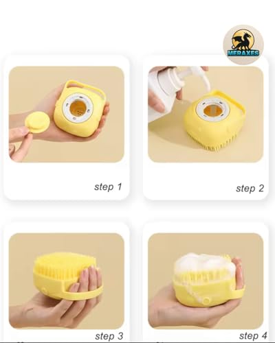 MERAXES Pet Grooming Bath Brush with Soap Dispenser – Soft Silicone Massage Bristles for Dogs & Cats, Gentle Deshedding & Deep Cleaning for Long or Short Hair – Yellow