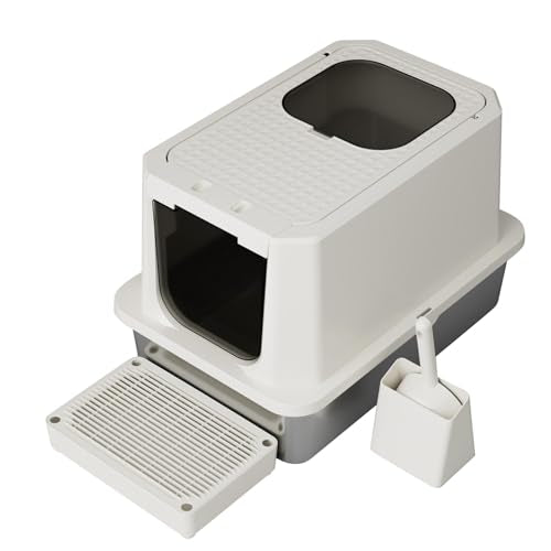 RIZZARI Stainless Steel Cat Litter Box: Dual Access, Hidden Pan, Easy Clean | Dual Front-Top Entry / Stainless Anti-Odor / Litter-Catch Pedal / Splash Guard Shield / Tool-Free Assembly / Compact Corner - color: Beige