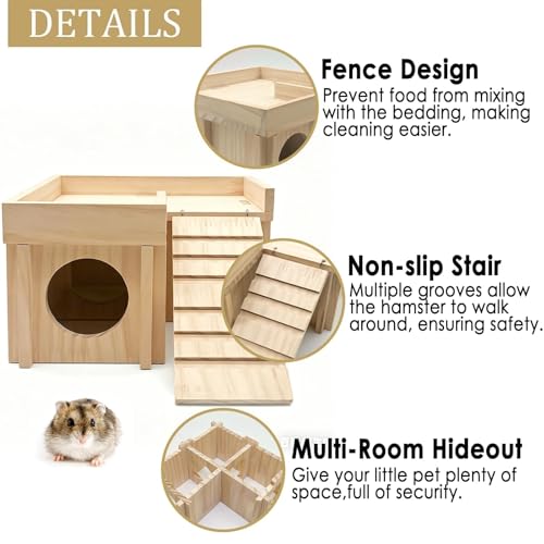 Wooden Hamster Hideout,Dwarf Hamster Hide House with Platform & Bowl & Ladder,Small Hamsters Maze Hut Hides Habitats Decor Cage Accessories for Gerbils,Mice,Mouse