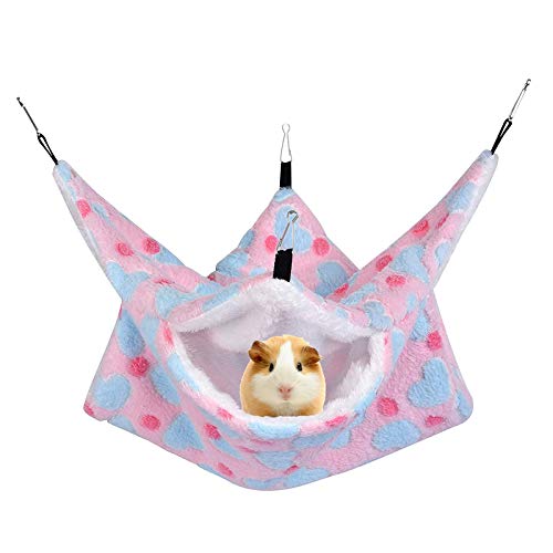 Petmolico Small Pet Warm Plush BunkBed Hanging Hammock Cage Accessories for Parrot Sugar Glider Ferret Squirrel Hamster Rat Hideout Playing Sleeping, Pink Heart