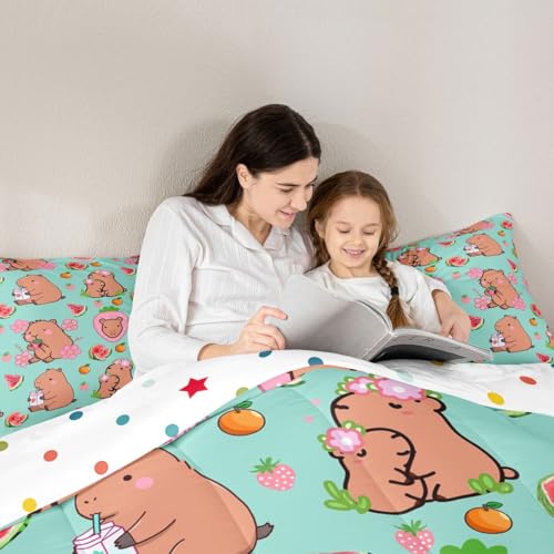 Erosebridal Capybara Lover Comforter Set Cartoon Rodent Animal Bedding Capybara Gifts for Kids Watermelon Strawberry Duvet Insert Cute Flower Kawaii Quilted Duvet,1 Pillow Case, Teal Room Decor,Twin - color: Multi 14, size: Twin
