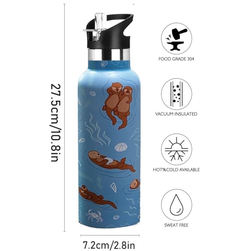 Kids Water Bottle with Straw,Sea Otter Bottle Vacuum Insulated Stainless Steel Travel Mugs Tumbler For Sport School Outdoor 20 oz - color: Blue Otter