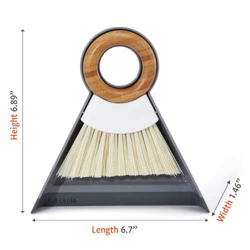 Full Circle Tiny Team Mini Compact Brush & Dustpan Set, Portable Handheld Broom for Quick Cleanups, Ideal for Home, Bathroom, Kitchen Countertops. Bamboo Hand Broom & Small Crumb Sweeper, White - color: White