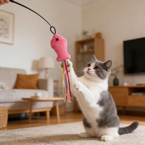 6 Pcs Cat Toys Catnip Interactive Fish and Mice Catnip Toys Plush Filled Pink Cats Toy Accessories with Ribbons for Indoor Cats Play&Chew Exercise with 6 Pcs Cat Springs - color: Fish&Mice