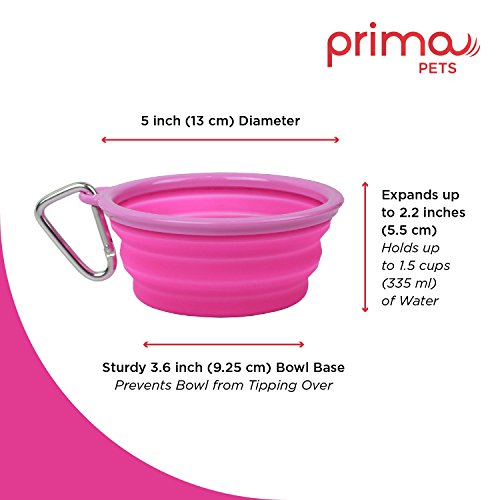 Prima Pet Expandable/Collapsible Silicone Food & Water Travel Bowl with Clip for Small & Medium Dog and Cat, Size: 1.5 Cups (5.1 Inch Diameter Bowl) (Pink) - color: PINK, size: SMALL (1.5 CUPS)