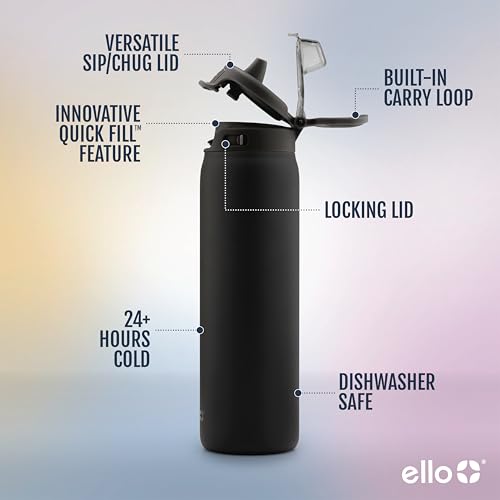 Ello Pop & Fill Insulated Stainless Steel Water Bottle with Quick Fill Lid, Leakproof Locking, Sip or Chug Spout, BPA-Free, Double Wall Vacuum Insulated for Sports, Travel & School- 22oz / 32oz / 40oz - color: Black, style: 22oz