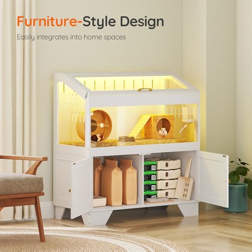 HOOBRO Large Hamster Cage, Acrylic Hamster Habitat with Storage Cabinet and Led Light Strip, Big Hamster Enclosure with Flip-Top Lid, Easy to Clean, 39.4" x 18.9" x 42.5", White WT01AC03G1
