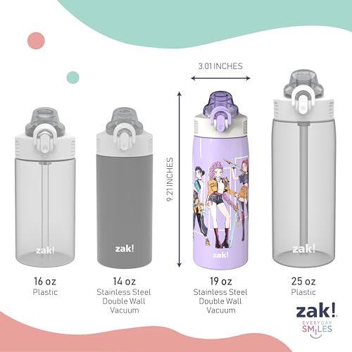 Zak Designs KPop Demon Hunters Sage 19oz Leak-Proof Straw Kids Water Bottle | BPA Free, Insulated Stainless Steel, Cupholder Friendly, Dishwasher Safe, Lid Lock, Handle, For School, Home, Travel, Outdoor - color: KPop Demon Hunters (Rumi, Mira, Zoey)