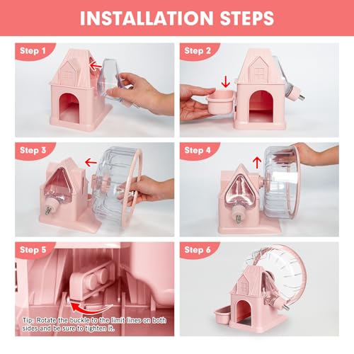 Vannon 4 in 1 Quiet Hamster Exercise Wheel, Multi Functional Hamster House with Running Wheel, Water Bottle, Food Bowl and Hideout, Small Animals Exercise Running Toys for Hamsters Gerbils Mice, Pink - color: Pink
