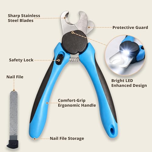 LED Dog Nail Clipper with Light & Safety Guard, Professional Pet Nail Trimmer with Quick Sensor, Extra Sharp for Thick Nails, for Large & Small Dogs and Cats (Medium-Large, with LED)