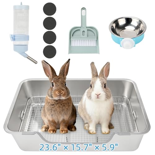 BWOGUE Extra Large Stainless Steel Rabbit Litter Box, Bunny Litter Box Pan | Large Rabbit Litter Box, Steel Grid with Sifting Tray, Low Entry Potty Pan, Easy to Clean, Helps Control Odor, Rabbits - size: XL:23.6in ×15.7in × 5.9inches