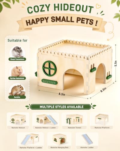 BUCATSTATE Natural Wood Hamster Hideout Castle, Easy-Assemble & Breathable | Multi-channel hideaway, waterproof sturdy wood cage play hut for Syrian Dwarf Hamsters, Gerbils & Mice.