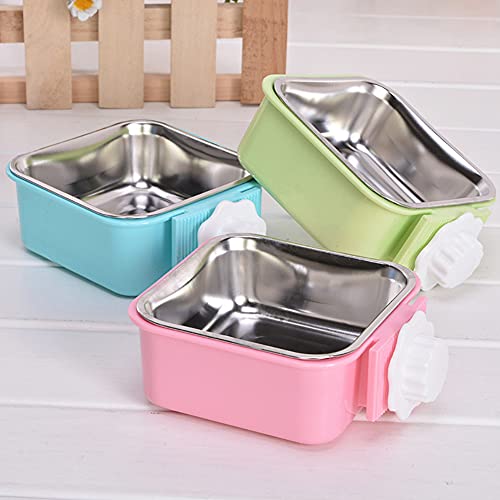 Crate Dog Bowl,Removable Stainless Steel Water Food Feeder Bowls Crate Coop Cup,Pet Cage Bowls with Bolt Holder for Cat, Puppy, Birds, Rats, Rabbits Small Animals ((Blue+Green+Pink) Square, Samll) - color: (Blue+Green+Pink) Square, size: Small