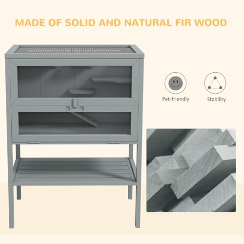 PawHut 3-Tier Wooden Hamster Cage Mice and Rat Cage Gray | Small Animals Hutch, Openable Top, Storage Shelf - color: Gray