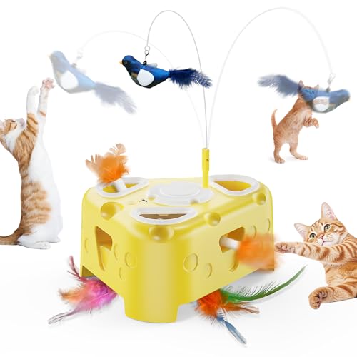 Automatic Cheese-Shaped Interactive Cat Toy – Flying Bird, 6-Hole Mole & Rotating Feather | USB Rechargeable Electronic Feather Toy for Indoor Adult Cats & Kittens, Relieves Boredom | Cheese-shaped non-slip base, 3 play modes, USB-C rechargeable 1200mAh b
