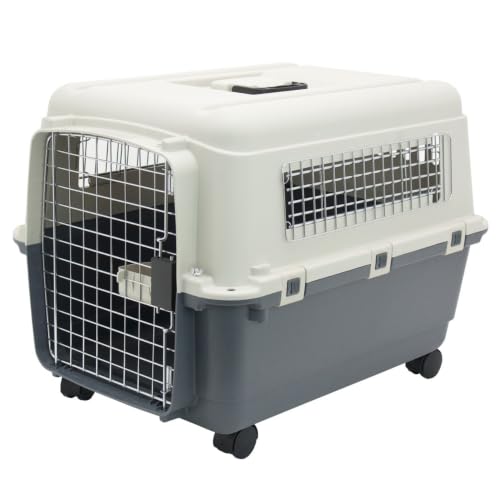 SportPet Airline Compliant MEDIUM 24.25" Travel Dog Kennel-Durable Plastic Airline Pet Carrier w/Removable Wheels & Food Bowls, Collapsible Indoor/Outdoor Dog Kennel, Dogs up to 23"L & 15"H-Cream/Gray - color: Cream/Gray