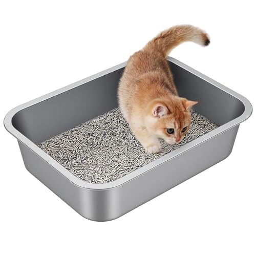 Small Stainless Steel Cat Litter Box | Sturdy Metal, Low Entry Design, Odor-free, Non-stick and Easy to Clean, Suitable for Kittens, Rabbits and Small dogs - size: 15.7"L x 11.8"W x 3.9"H